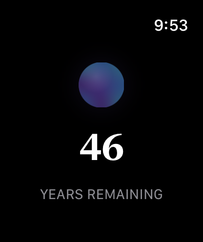 Memento on Apple Watch: the Orb with 46 years remaining at a glance.